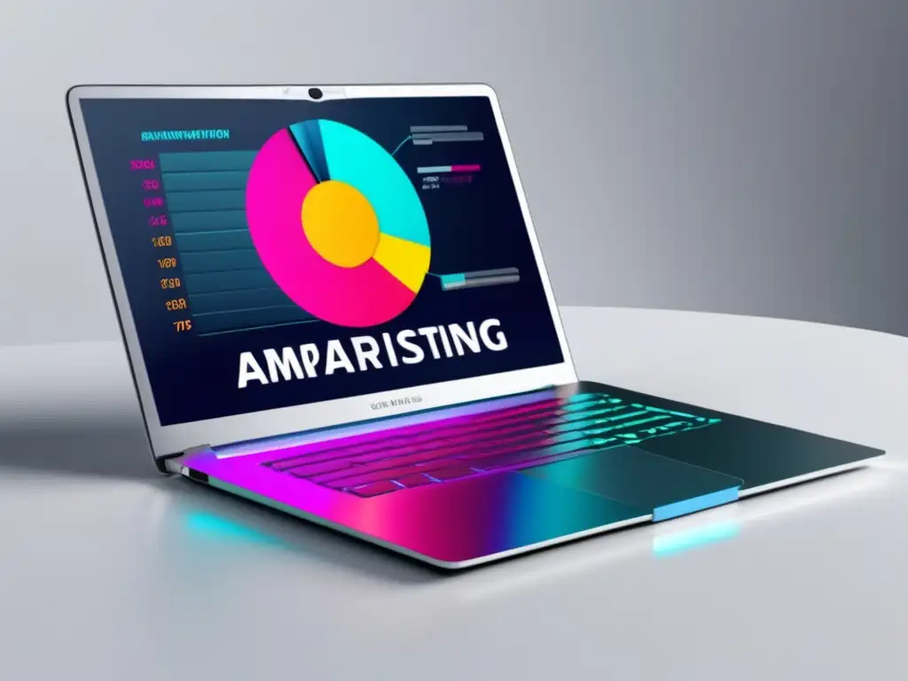 Laptop futurista en un escritorio blanco Laptop futurista en un escritorio blanco con gráfico vibrante que muestra el crecimiento exponencial en marketing de afiliados