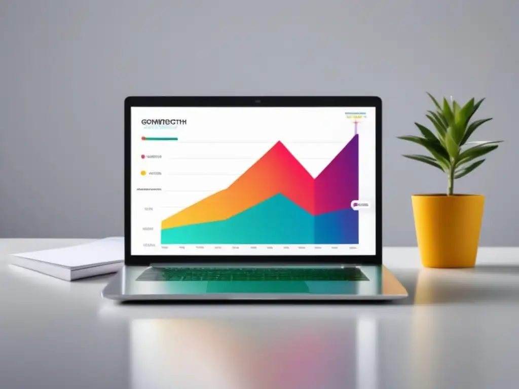 Laptop moderno con gráfico de ganancias de afiliados Imagen: Laptop en escritorio con gráfico de ganancias de programas de afiliados exitosos y vista de ciudad al fondo