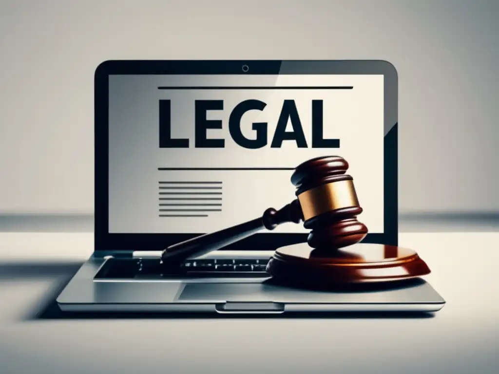Regulaciones legales en marketing de afiliados Laptop con icono de martillo legal, simbolizando regulaciones legales en marketing de afiliados