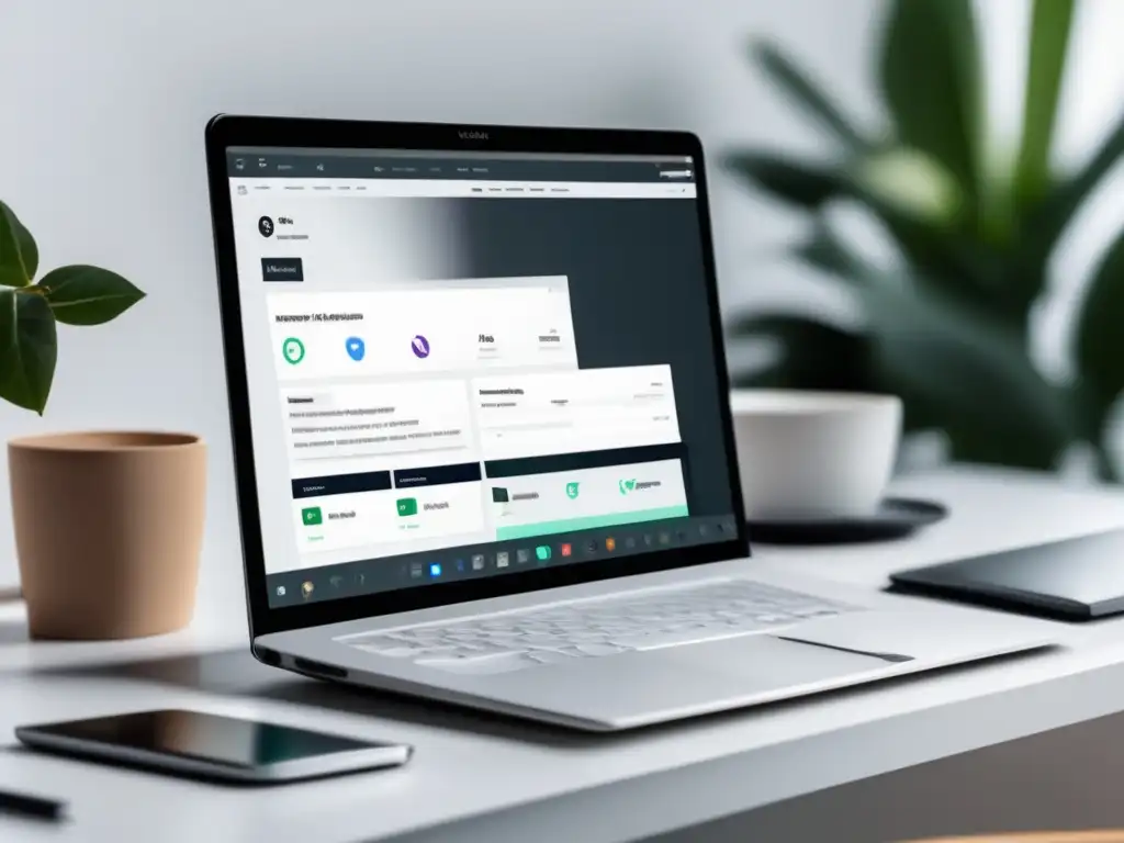 Escritorio minimalista con laptop y software de creación de contenido Laptop moderno en escritorio blanco, con herramientas de creación de contenido para afiliados