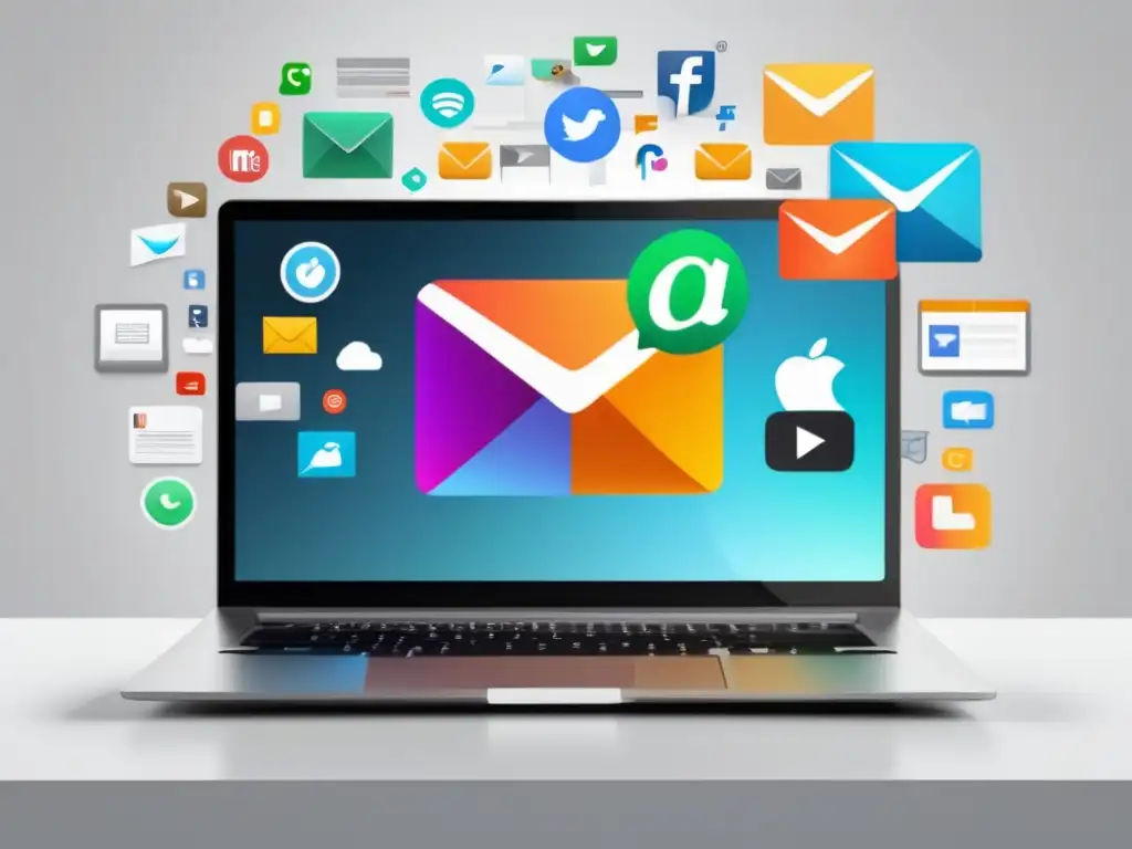 Laptop con campaña de email marketing Estrategias de contenido para generar ventas en el marketing de afiliados con laptop, redes sociales y colaboración de influencers