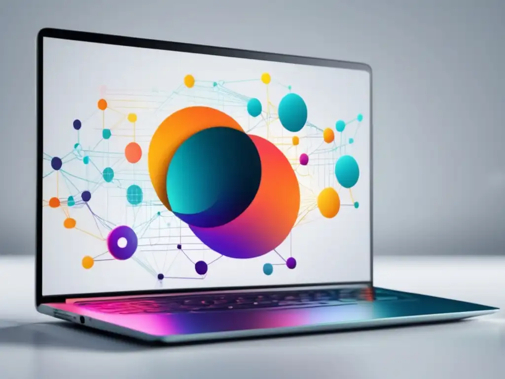 Laptop moderno en superficie blanca con red de marketing de afiliados Laptop minimalista con diseño moderno y red de marketing de afiliados en pantalla