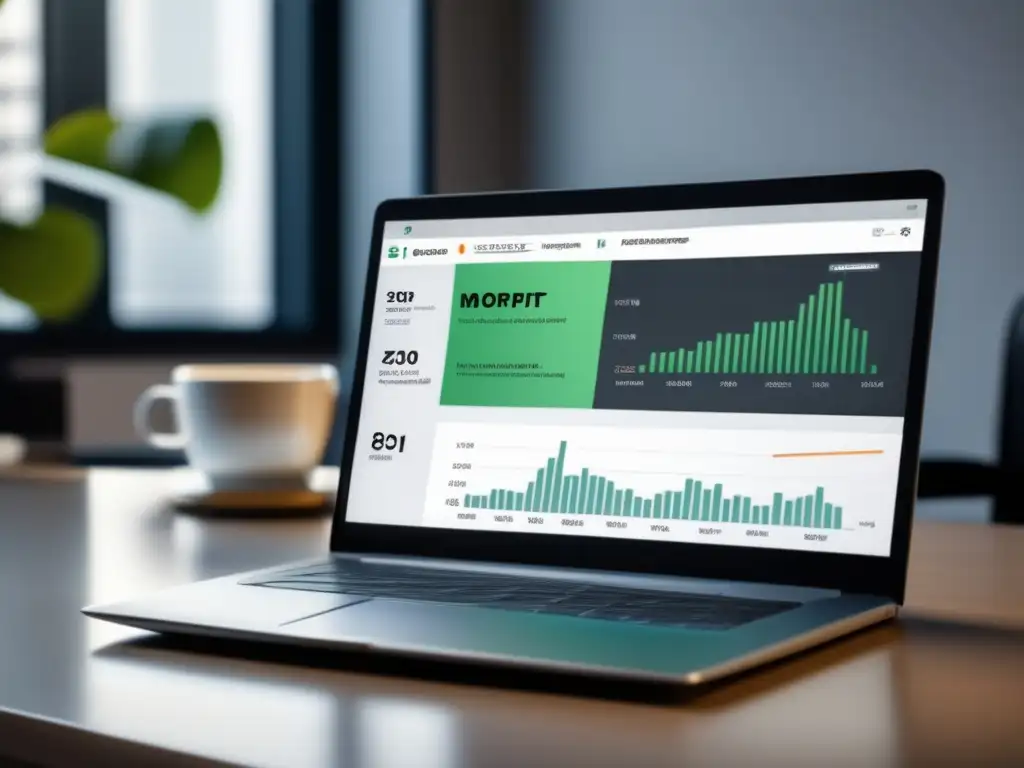 Laptop minimalista en un escritorio limpio con gráfica de estrategias de marketing de afiliados rentables