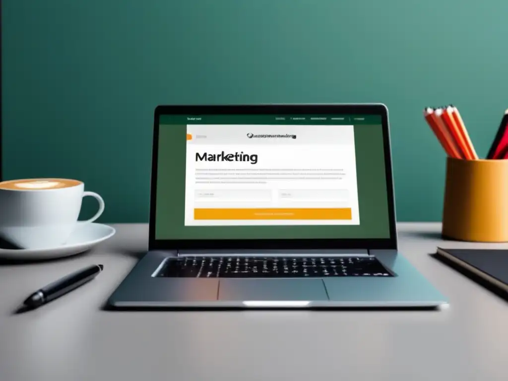 Escritorio minimalista con laptop y marketing de afiliados Laptop moderno en un escritorio minimalista con sitio web de marketing de afiliados y elementos de productividad