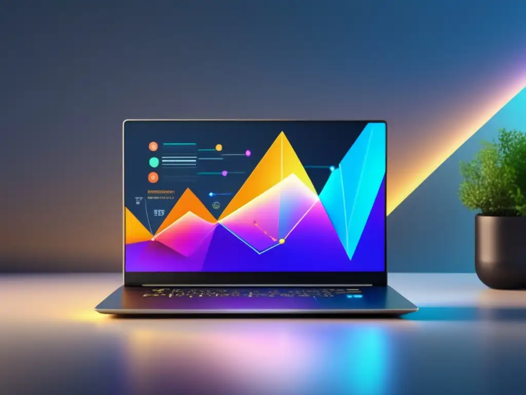 Laptop moderno con gráficos y datos Laptop moderno con pantalla vibrante muestra gráficos y datos