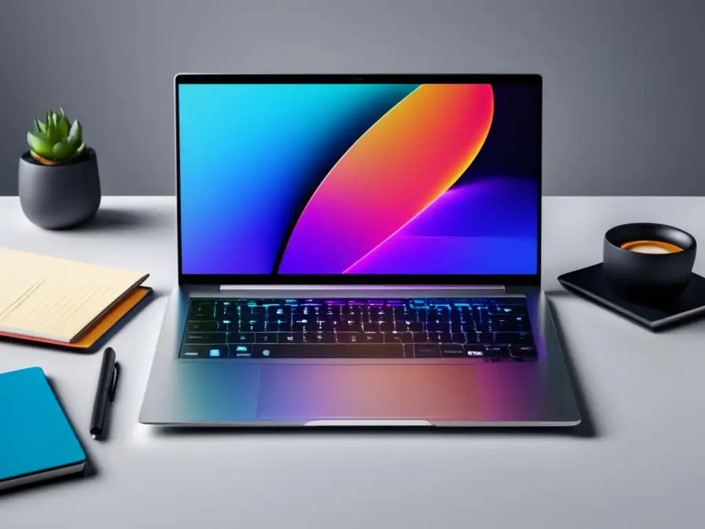 Laptop moderno con campaña de email marketing Laptop moderno con diseño minimalista, pantalla con campaña de email marketing vibrante y teclado retroiluminado