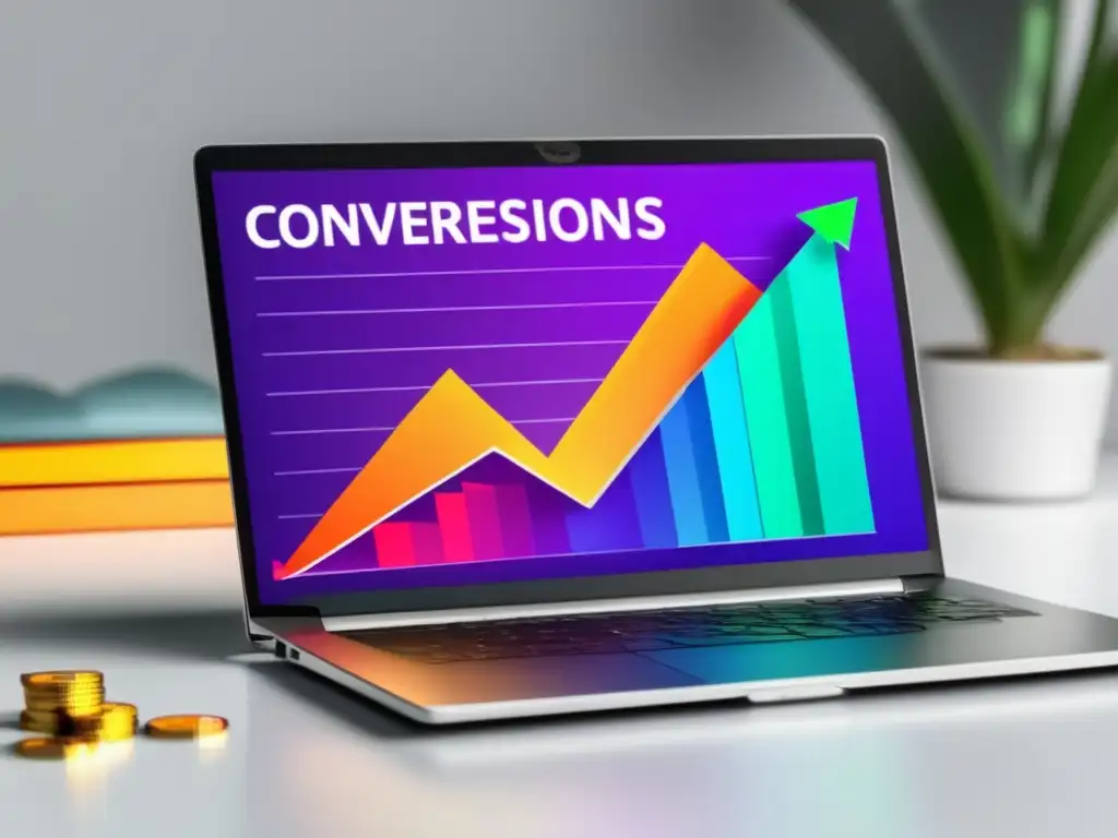 Laptop moderno con gráfico de aumento de conversiones Laptop moderno en escritorio blanco - Tendencias rentables en el marketing de afiliados