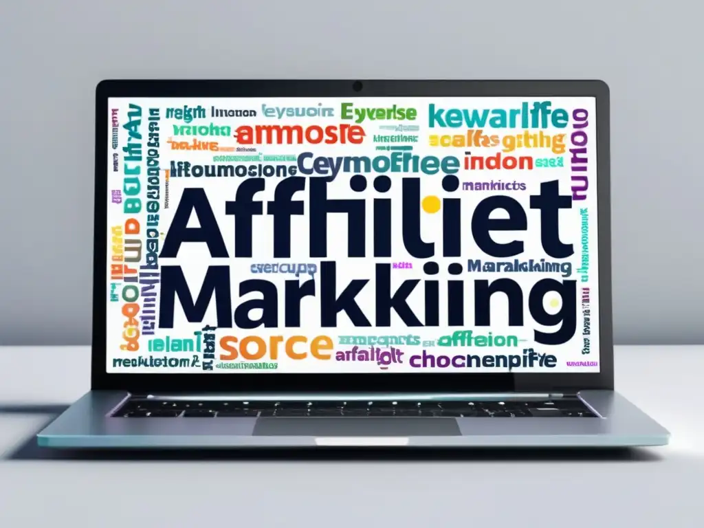 Laptop en escritorio blanco con palabra clave de marketing de afiliación Laptop en escritorio blanco con impactante nube de palabras clave para maximizar ingresos en marketing de afiliados