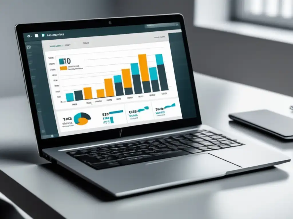 Laptop moderno en escritorio blanco con gráfica de ingresos Laptop plata en escritorio blanco: estrategias de marketing de afiliados para maximizar ingresos