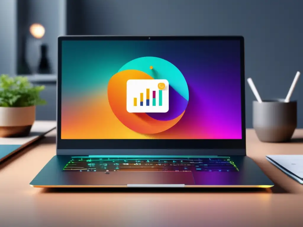 Laptop moderno en escritorio minimalista Laptop moderno en escritorio minimalista con gráfica vibrante y elementos SEO, ideal para estrategias de contenido en marketing de afiliados