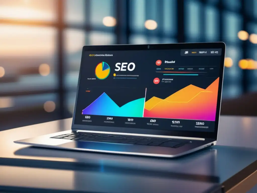 Laptop moderno con dashboard SEO cautivante Laptop moderno con dashboard SEO, métricas en tiempo real y técnicas de SEO para maximizar ingresos en el marketing de afiliados