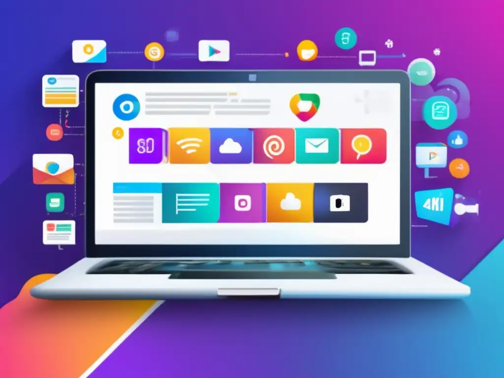 Laptop moderno con iconos de estrategias de marketing digital Laptop moderno con diseño minimalista y gráfico vibrante de estrategias clave para el marketing de afiliados