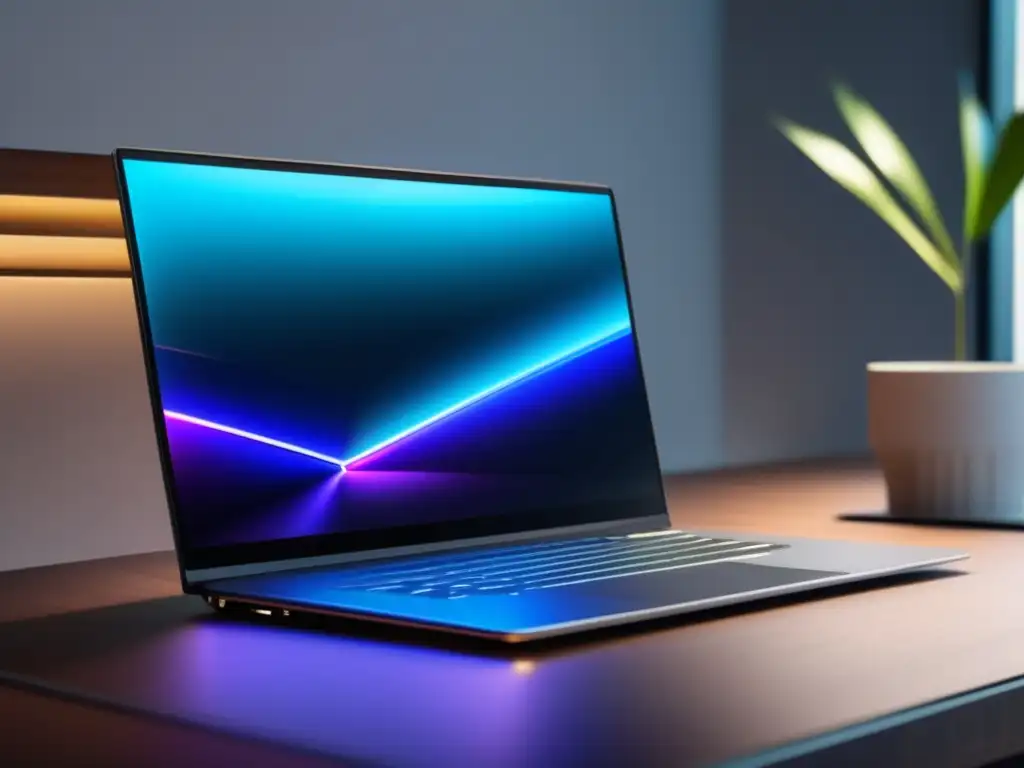 Laptop moderno y elegante en escritorio minimalista Laptop moderno con pantalla vibrante y teclado blanco, en escritorio de madera oscura