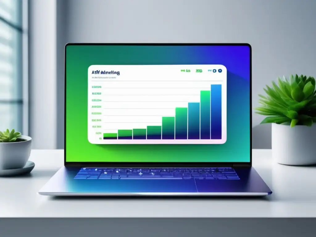 Laptop moderno en escritorio blanco, gráfico ventas Laptop moderno en escritorio blanco, gráfica de ventas en marketing de afiliados con teclas