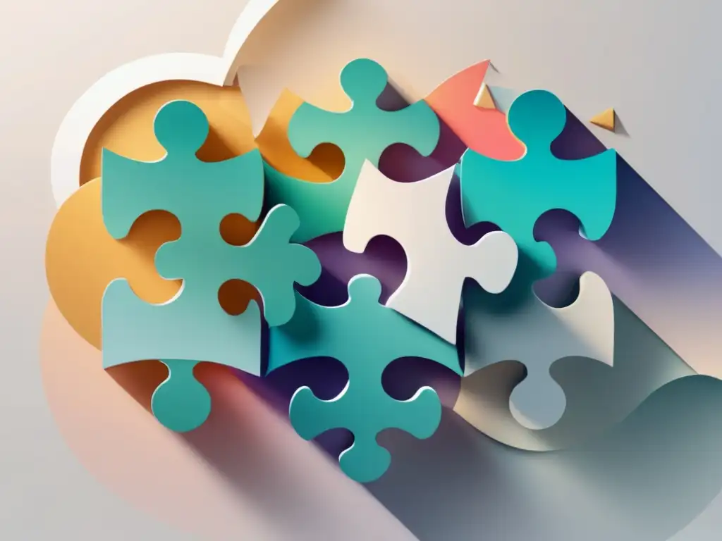Imagen de marketing de afiliados con piezas de rompecabezas interconectadas Pasos legales para el marketing de afiliados: imagen minimalista y moderna con puzzle interconectado en tonos azules y verdes