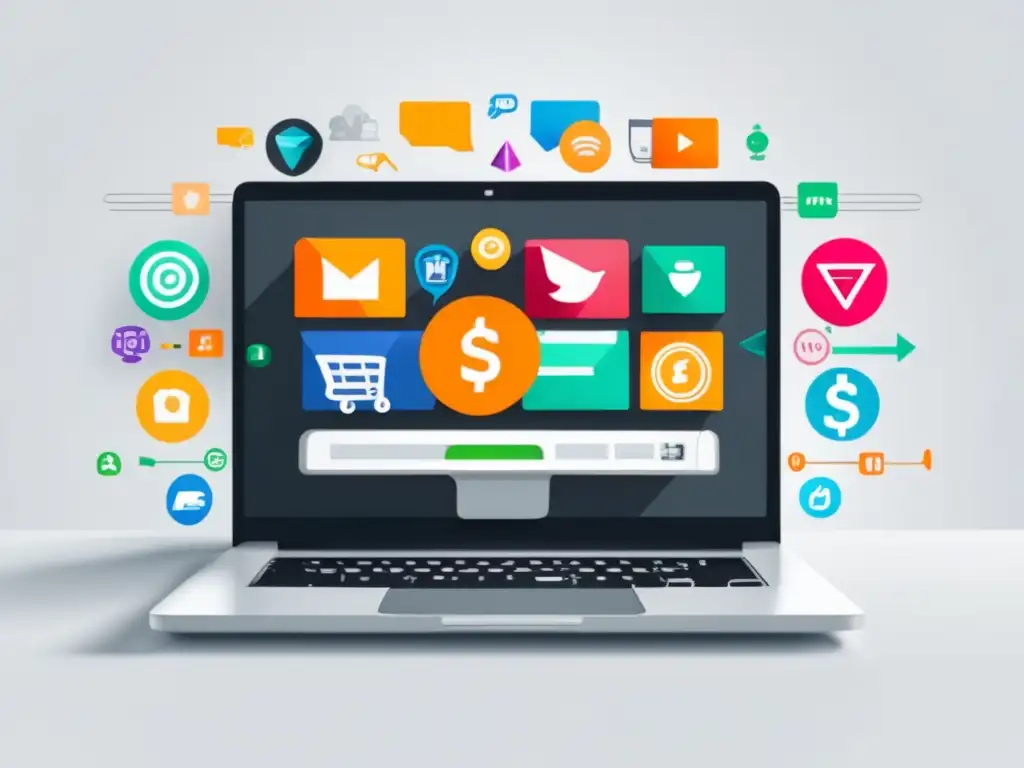 Laptop con iconos de marketing de afiliados Laptop con pantalla vibrante y símbolos de marketing de afiliados, técnicas de SEO para aumentar ingresos
