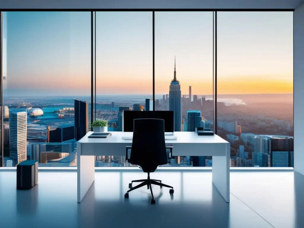 Espacio de trabajo moderno y minimalista Espacio de trabajo minimalista con vista panorámica de ciudad: estrategias efectivas marketing de afiliados