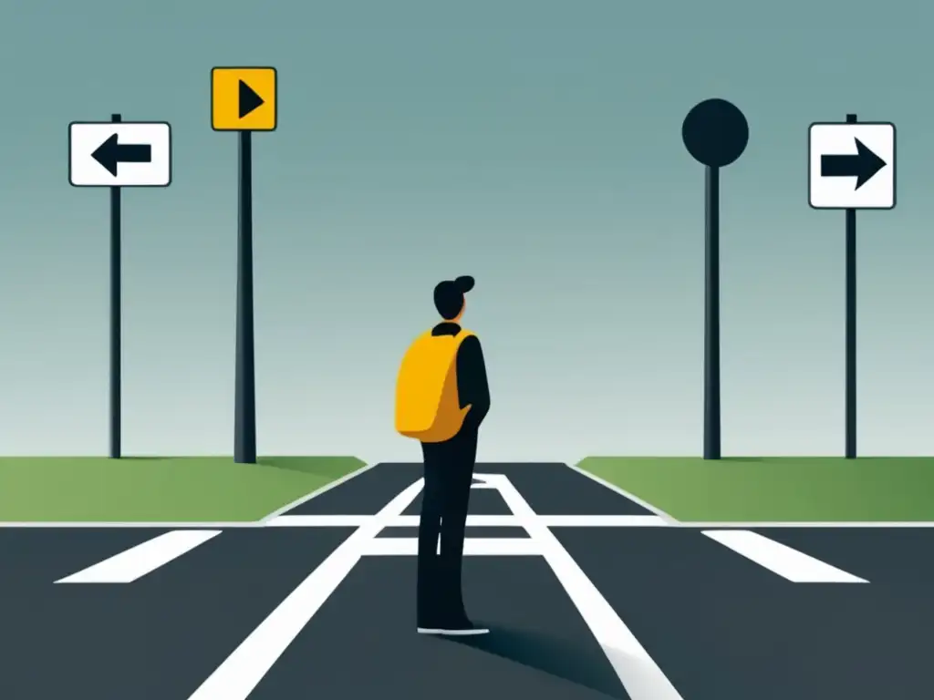 Elección ética en marketing afiliado Ilustración minimalista de una persona en una encrucijada, con señales