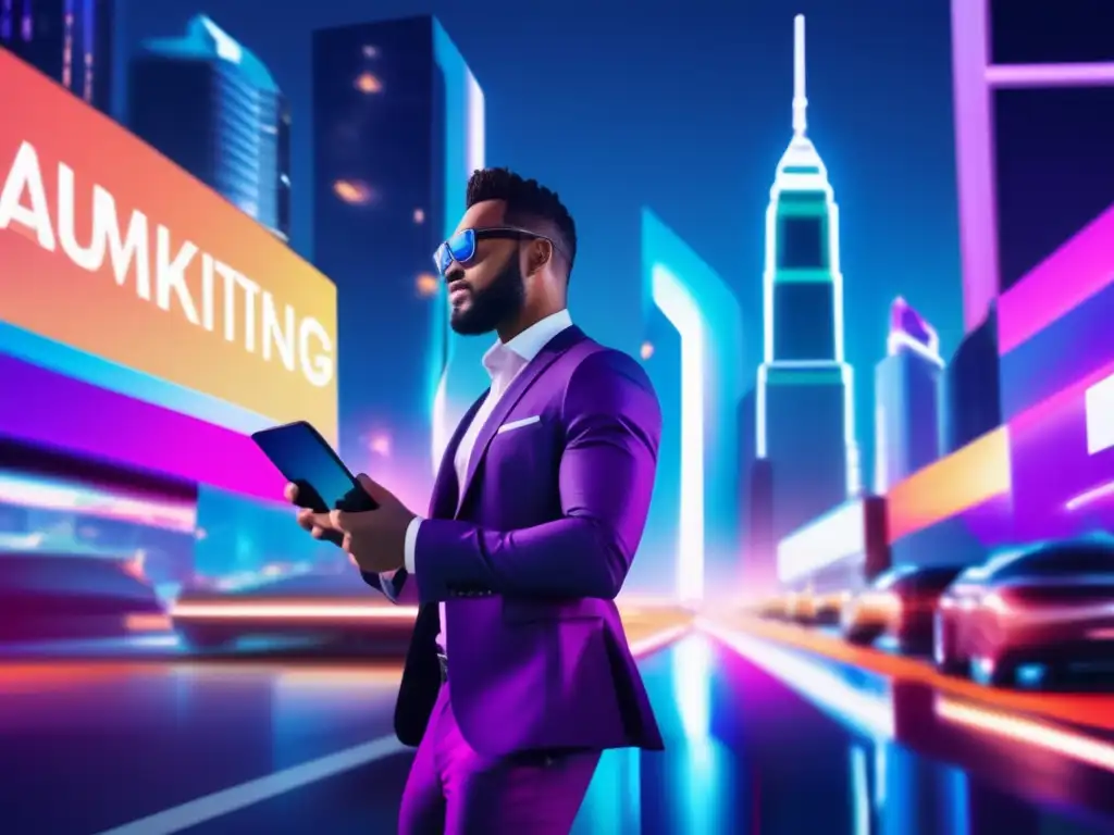 Marketing de Afiliados Avanzado: Éxito en la Ciudad Futurista Imagen nocturna con vibrante ciudad futurista, promoviendo 'Estrategias Avanzadas en Marketing de Afiliados'
