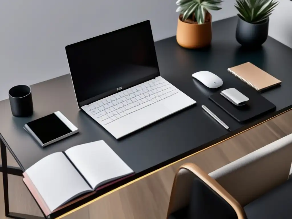 Laptop moderno con diseño minimalista Imagen de marketing de afiliados con diseño minimalista y moderno: laptop, escritorio y elementos complementarios