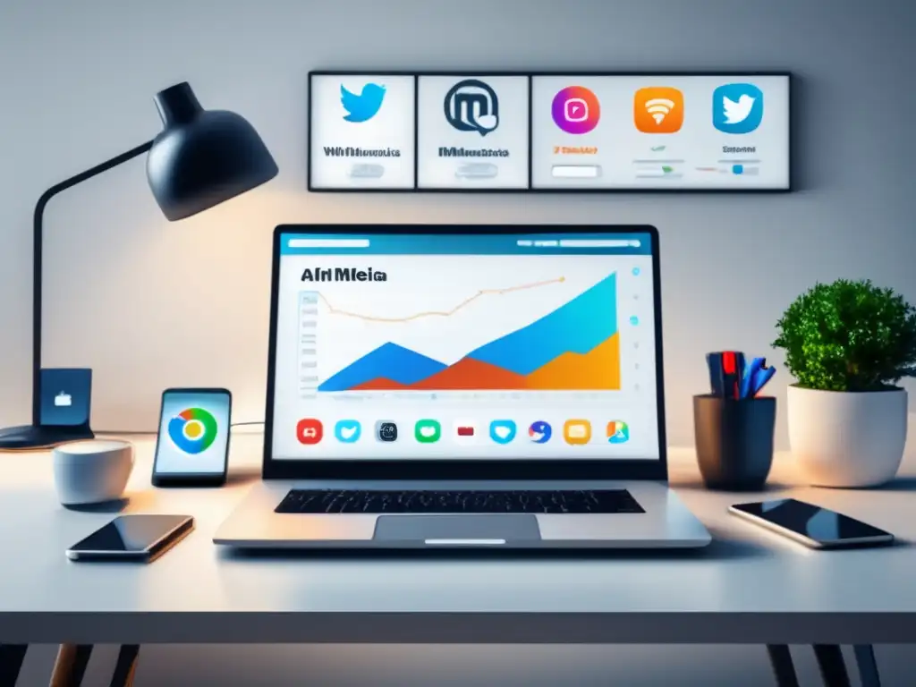 Escena moderna de escritorio minimalista con éxito en redes sociales Escena minimalista y moderna: escritorio blanco, laptop y smartphone, tendencias actuales en marketing de afiliados