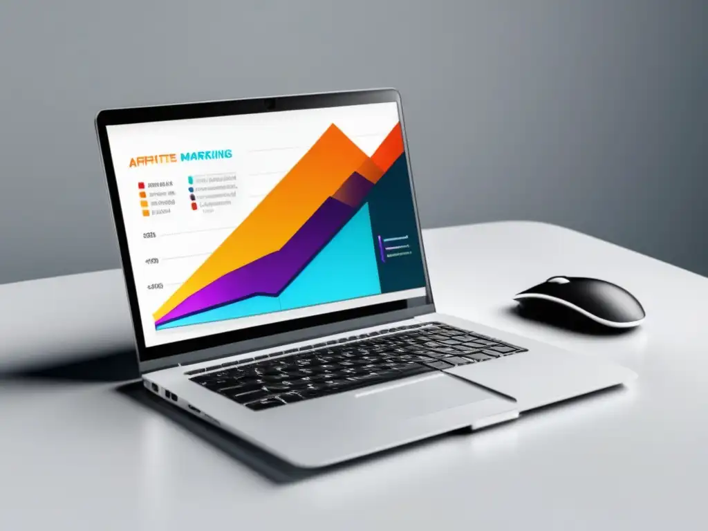 Laptop con pantalla vibrante y gráfico de marketing de afiliados en ascenso Laptop minimalista con pantalla vibrante que muestra gráfica de programas de afiliados más efectivos