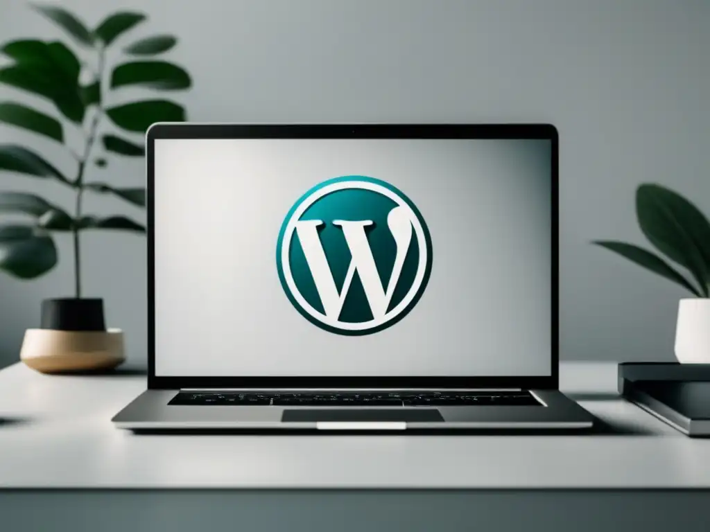 Laptop WordPress plugins para marketing de afiliados Ejemplos exitosos de plugins de WordPress para marketing de afiliados en una imagen minimalista y elegante de un laptop con logo de WordPress