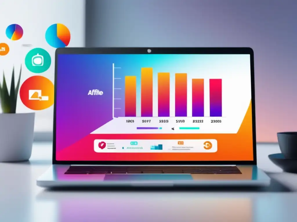 Éxito en el marketing de afiliados Estrategias efectivas de marketing de afiliados para emprendedores: imagen moderna y minimalista con laptop, gráfico colorido y iconos