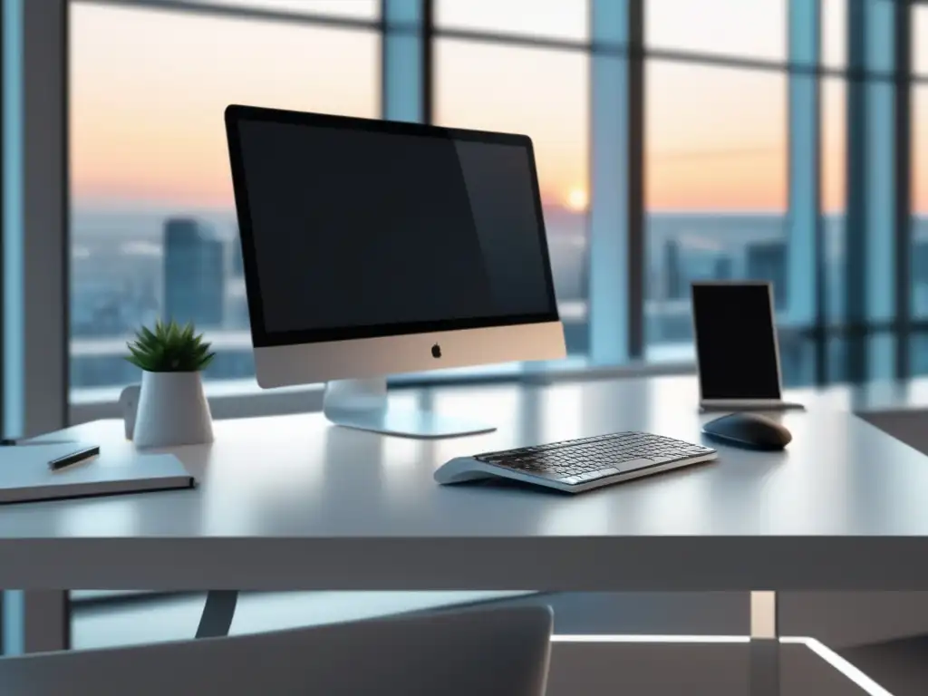 Espacio de trabajo minimalista y moderno Espacio de trabajo moderno y minimalista, con escritorio blanco, monitor negro, teclado inalámbrico, ratón, notepad, bolígrafo y café