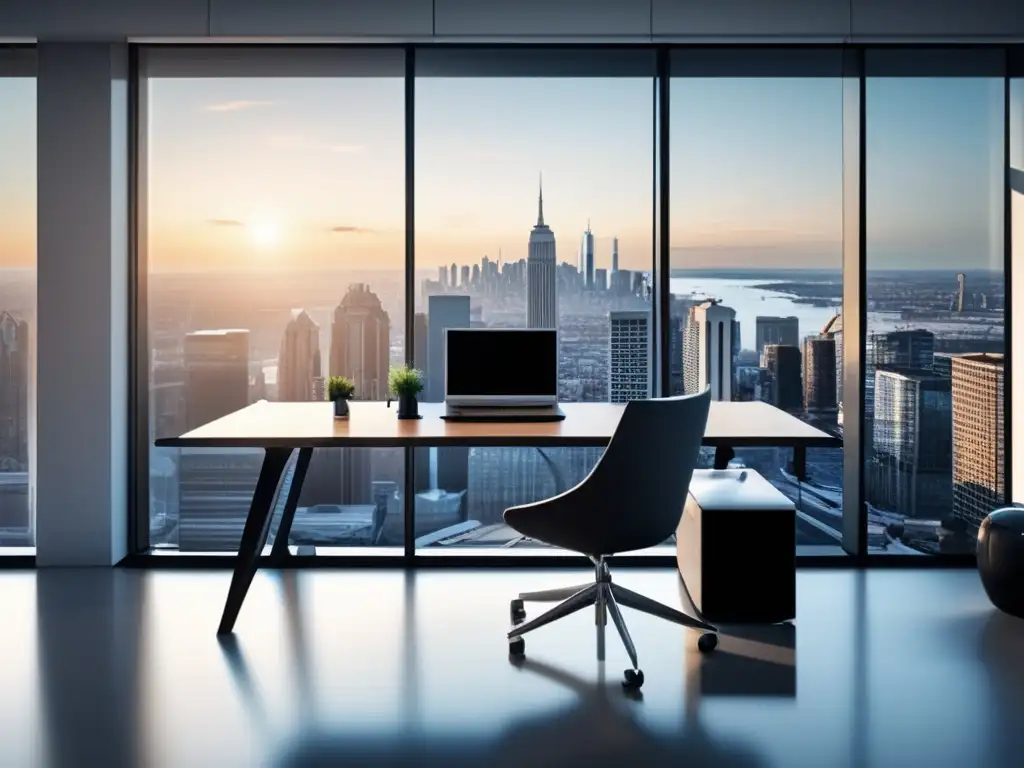 Oficina moderna con vista a la ciudad y gráfico de crecimiento Oficina moderna con ventana panorámica y gráfico de crecimiento de marketing de afiliados