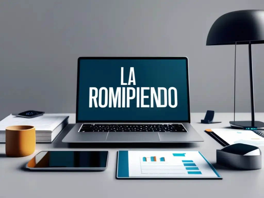 Oficina moderna con laptop y símbolos de justicia Escritorio moderno con laptop, documentos legales y balanza, simbolizando la justicia