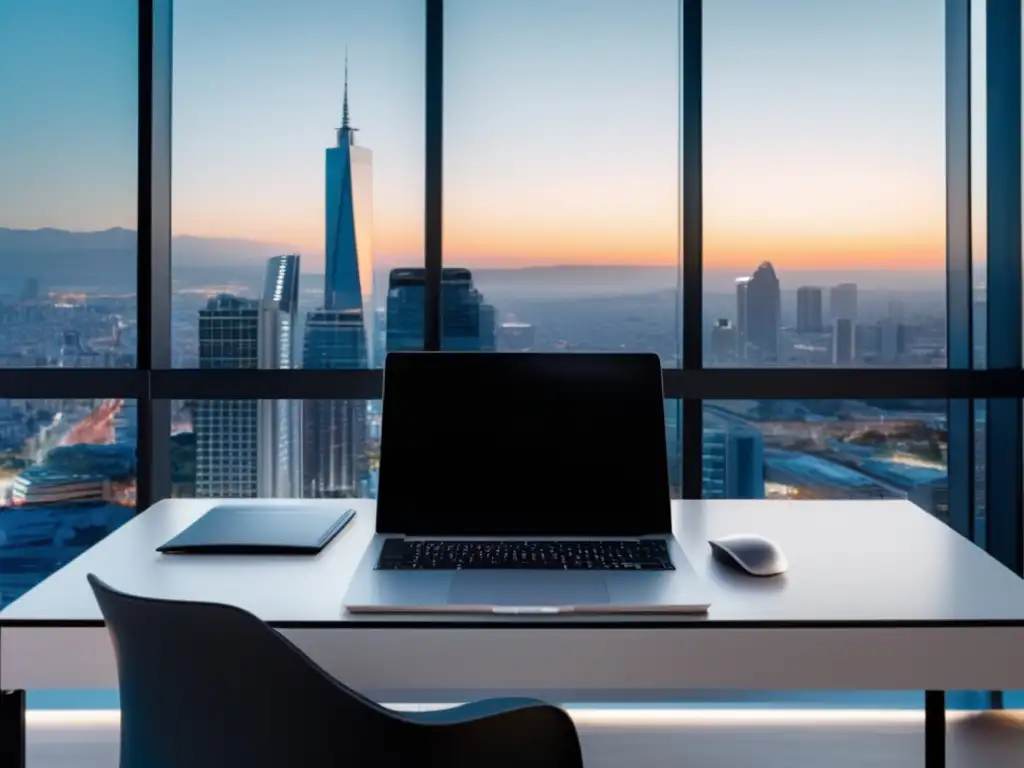 Escritorio moderno con vista a la ciudad y elementos legales Escritorio moderno con vista panorámica y elementos legales, para marketing de afiliados