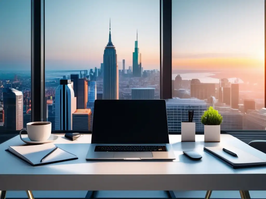 Oficina minimalista con vista panorámica y elegancia Oficina minimalista con vista panorámica de ciudad y personas exitosas aumentando ingresos con marketing de afiliados