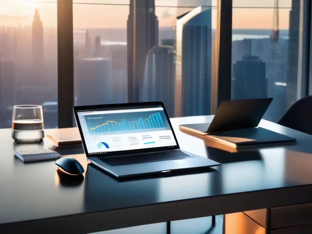 Espacio de trabajo minimalista, eficiente y rentable Espacio de trabajo minimalista con escritorio de cristal, laptop, ratón inalámbrico, notepad con gráfico de ganancias y ventana con vista a la ciudad