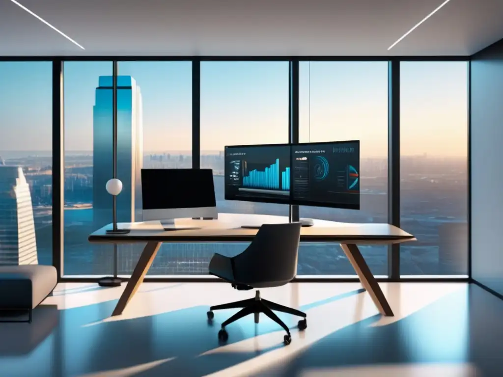 Oficina moderna con vista a la ciudad Oficina moderna con vistas urbanas, iluminación natural y escritorio elegante - ciencia de datos en el marketing de afiliados