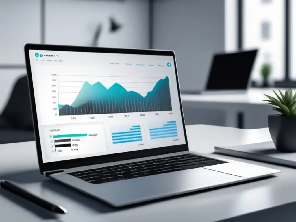 Espacio de trabajo minimalista y moderno Espacio de trabajo minimalista con laptop, gráfico de crecimiento de marketing de afiliados, utensilios y taza blanca