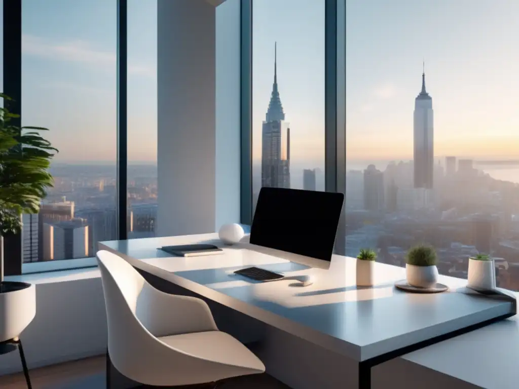 Espacio de trabajo minimalista y moderno Espacio de trabajo minimalista con vista a la ciudad, ideal para mejorar la capacidad de persuasión en el contenido de marketing de afiliados
