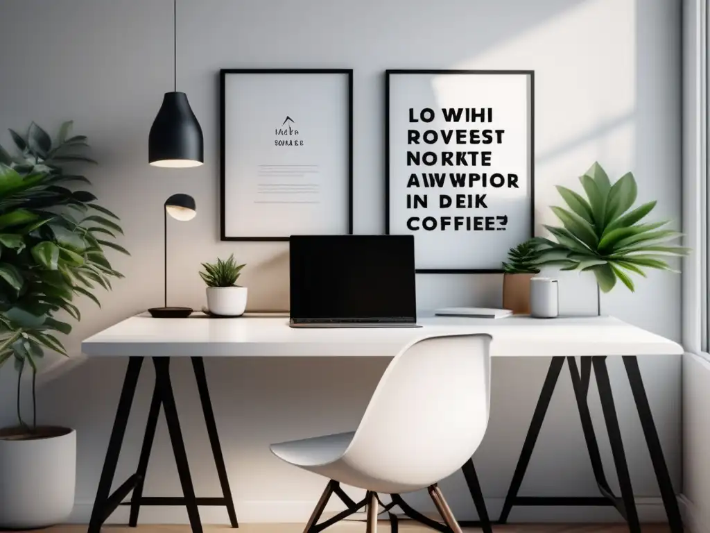 Espacio de trabajo minimalista moderno Espacio de trabajo minimalista de alta resolución con escritorio blanco, decoración minimalista, luz natural y elementos de marketing de afiliados