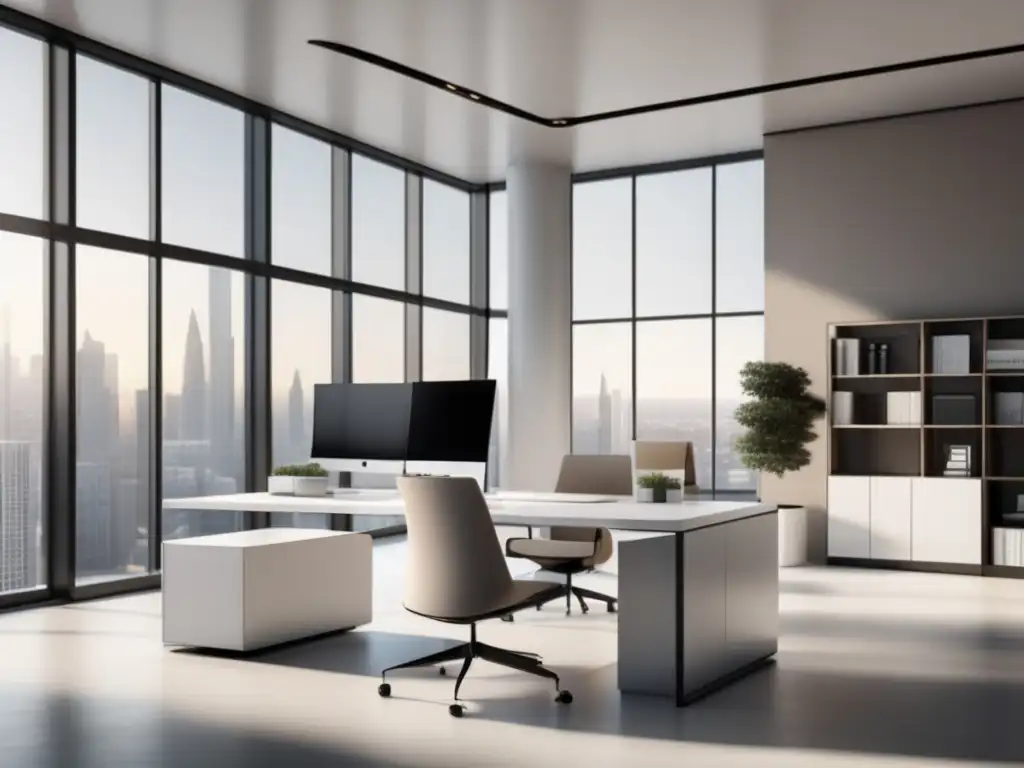 Oficina moderna y minimalista con vista panorámica Oficina moderna con diseño minimalista, iluminada por luz natural