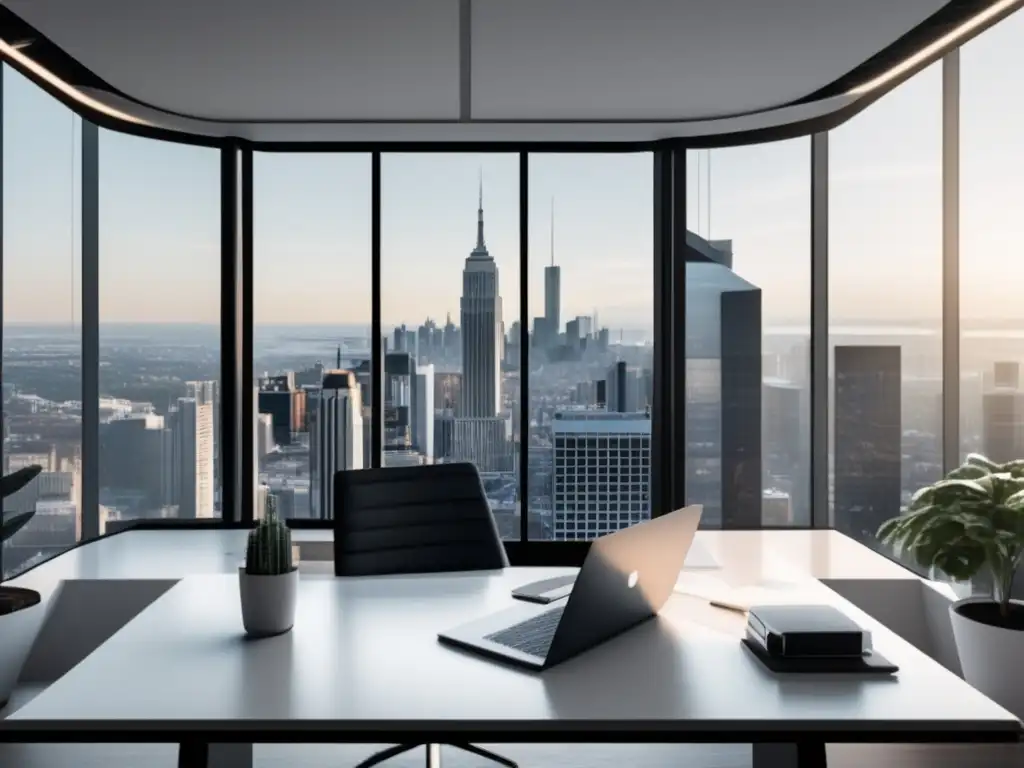Espacio de oficina moderno con vista a la ciudad Oficina moderna con vista a la ciudad, escritorio blanco con laptop mostrando gráfico de tendencias actuales en marketing de afiliados