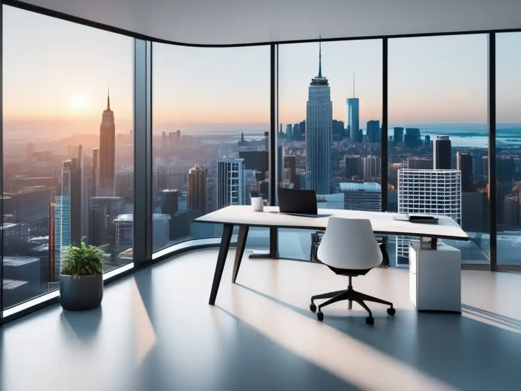 Oficina moderna con vista panorámica Oficina moderna con vista panorámica de la ciudad, escritorio blanco minimalista y elementos para aumentar ganancias en marketing de afiliados