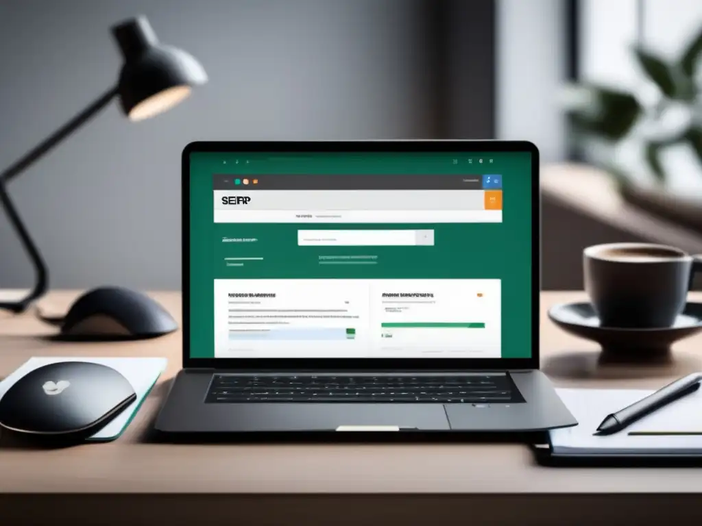 Oficina moderna con escritorio elegante y laptop delgada con estrategias SEO avanzadas para aumentar ingresos de afiliados en marketing