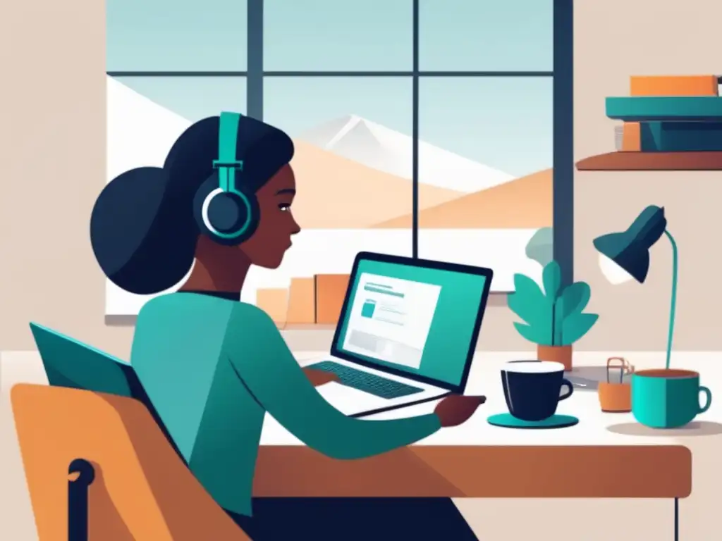 Ilustración minimalista de persona en escritorio con tecnología Ilustración minimalista y moderna de una persona enseñando en línea en un escritorio rodeado de tecnología