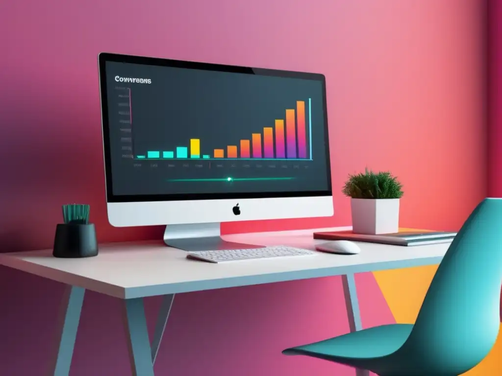Espacio de trabajo minimalista con monitor y gráfica Espacio de trabajo minimalista con escritorio blanco, monitor y gráfico de crecimiento: herramientas de optimización en marketing de afiliados