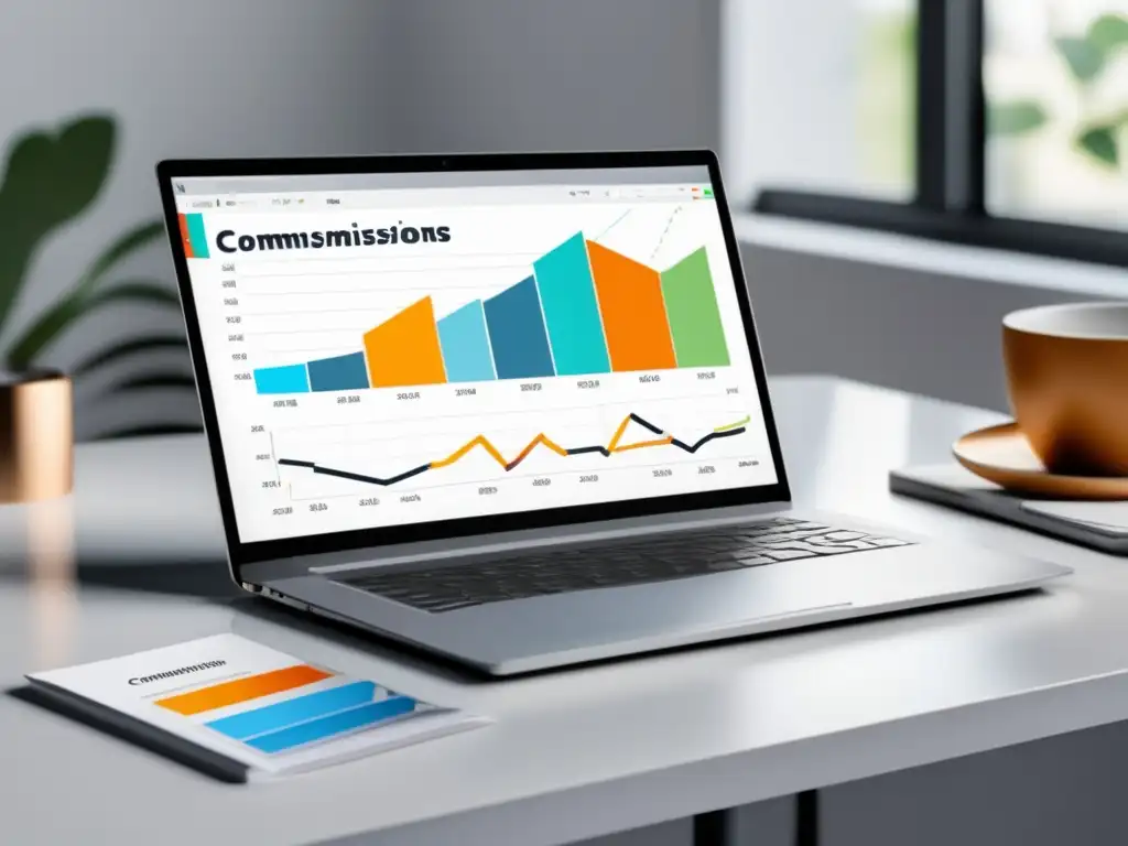Laptop moderno muestra gráfico de comisiones de afiliados Laptop moderno en escritorio blanco, estrategias de optimización clave para el marketing de afiliados