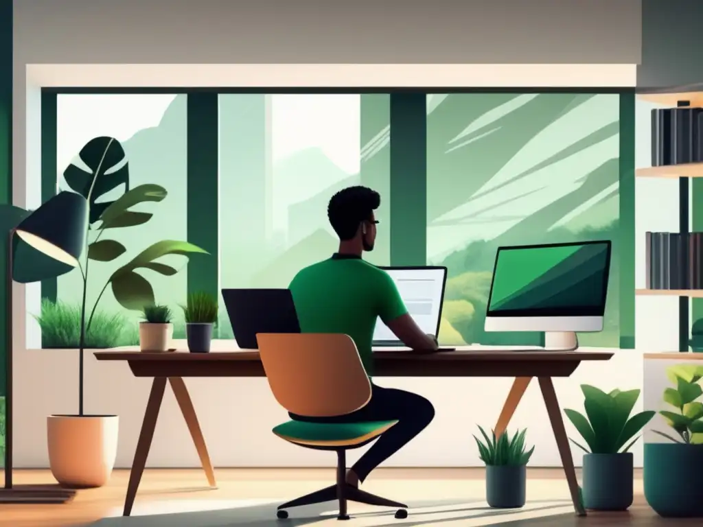 Oficina moderna con vista al jardín verde Ejemplo exitoso de marketing de afiliados: joven trabajando en oficina moderna