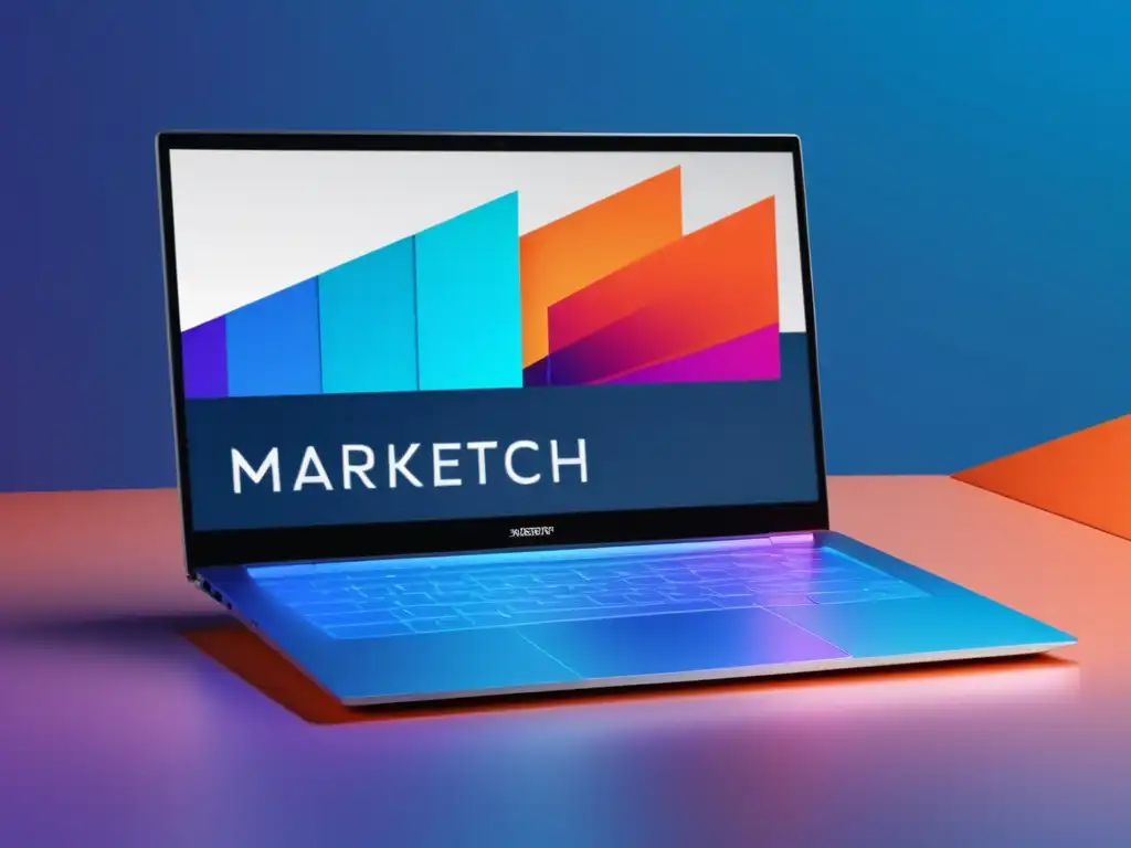 Laptop minimalista con gráfico dinámico Laptop moderno con diseño minimalista y gráfico vibrante para herramientas de investigación de mercado en marketing de afiliados