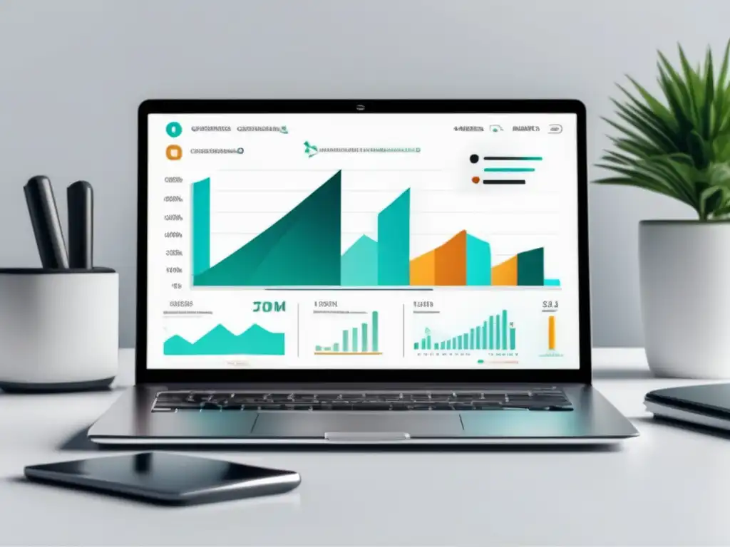 Laptop y gráfico de ganancias de marketing afiliado Laptop profesional con gráfico de crecimiento y estrategias para aumentar ingresos en marketing de afiliados