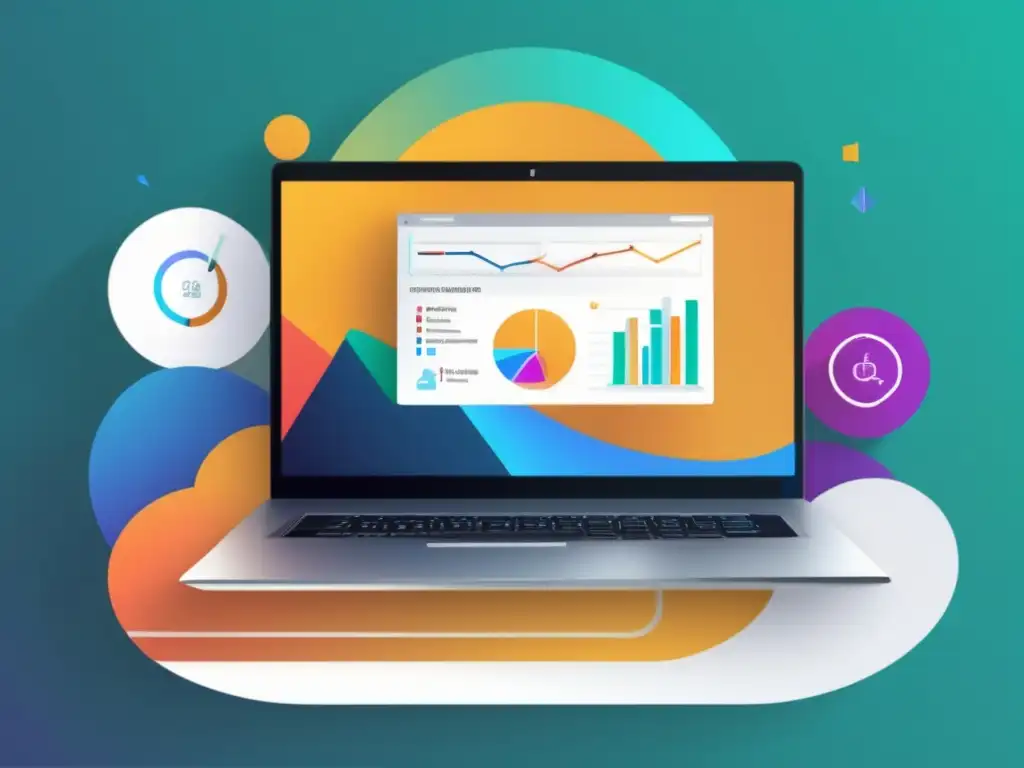 Herramientas de marketing de afiliados en una laptop moderna Laptop con herramientas de marketing de afiliados: Profesional y sofisticado, muestra gráficos, seguimiento de enlaces y palabras clave