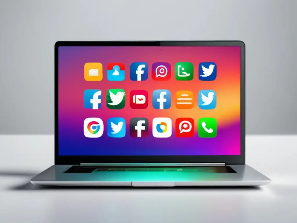 Estrategias avanzadas marketing de afiliados con laptop y redes sociales en fondo blanco